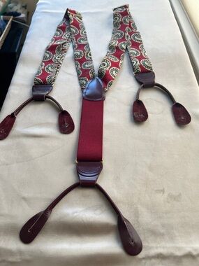 Men's Burgundy Paisley Suspenders with Brown Leather Tabs - Classic Formal Style